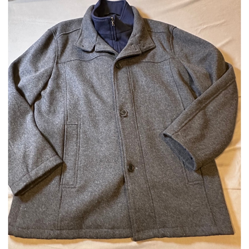 Jos. A. Bank Mens Wool Blend Car Coat XL Gray Navy Blue Mock Neck Layered Jacket - Picture 2 of 10